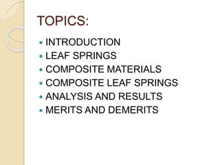 TOPICS:
 INTRODUCTION
 LEAF SPRINGS
 COMPOSITE MATERIALS
 COMPOSITE LEAF SPRINGS
 ANALYSIS AND RESULTS
 MERITS AND DEMERITS
 