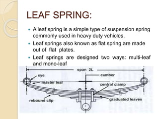 LEAF SPRING:
 A leaf spring is a simple type of suspension spring
commonly used in heavy duty vehicles.
 Leaf springs also known as flat spring are made
out of flat plates.
 Leaf springs are designed two ways: multi-leaf
and mono-leaf
 
