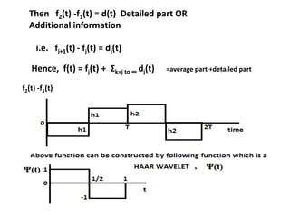 Then f2(t) -f1(t) = d(t) Detailed part OR
Additional information

i.e. fj+1(t) - fj(t) = dj(t)
Hence, f(t) = fj(t) + Σk=j to ∞ dj(t)
f2(t) -f1(t)

=average part +detailed part

 