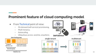 Prominent feature of cloud computing model
● From Technical point of view:
○ On demand (self-service) provisioning.
○ Multi-tenancy.
○ Autoscaling.
○ Ubiquitous access: anytime, anywhere,
any device.
10
 