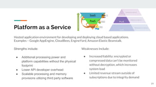 Platform as a Service
Hosted application environment for developing and deploying cloud based applications.
Examples – Google AppEngine, CloudBees, EngineYard, Amazon Elastic Beanstalk.
Strengths include:
● Additional processing power and
platform capabilities without the physical
footprint
● Lower API developer overhead
● Scalable processing and memory
provisions utilizing third party software
Weaknesses Include:
● Increased liability: encrypted or
compressed data can’t be monitored
without decryption, which increases
system load
● Limited revenue stream outside of
subscriptions due to integrity demand
19
 