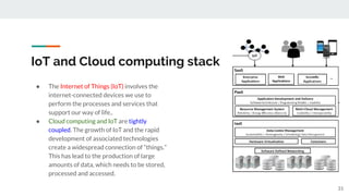 IoT and Cloud computing stack
● The Internet of Things (IoT) involves the
internet-connected devices we use to
perform the processes and services that
support our way of life..
● Cloud computing and IoT are tightly
coupled. The growth of IoT and the rapid
development of associated technologies
create a widespread connection of “things.”
This has lead to the production of large
amounts of data, which needs to be stored,
processed and accessed.
31
 