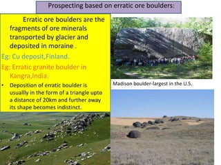 Prospecting based on erratic ore boulders:
Erratic ore boulders are the
fragments of ore minerals
transported by glacier and
deposited in moraine .
Eg: Cu deposit,Finland.
Eg: Erratic granite boulder in
Kangra,India.
• Deposition of erratic boulder is
usuallly in the form of a triangle upto
a distance of 20km and further away
its shape becomes indistinct.
Madison boulder-largest in the U.S.
 