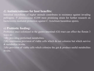 d) Antimicrobioses for host benefits:
Intestinal microbiota of higher animals contributes to resistance against invading
pathogens. P. pentosaceous 43200 most promising strain for further research on
bacteriocins mediated protection against C. botulinum hazardous spores.
e) Probiotic feeding:
Probiotics once colonized in the gastro-intestinal (GI) tract can effect the florain 3
ways as:
1)By providing preformed metabolites.
2)By continuous provision of viable cells which do not colonize but which survive
& metabolize in-situ.
3)By provision of viable cells which colonize the gut & produce useful metabolites
in-situ.
 