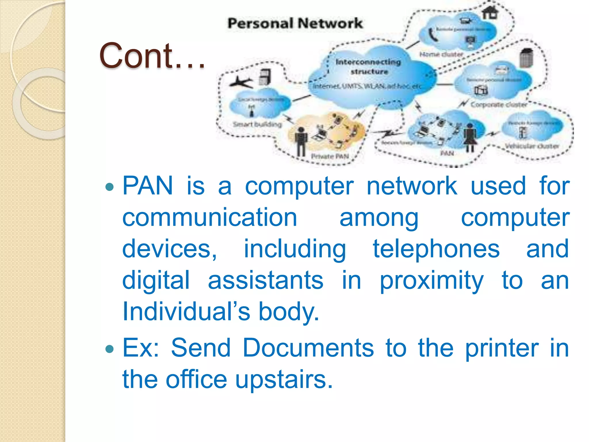 Cont…
 PAN is a computer network used for
communication among computer
devices, including telephones and
digital assistants in proximity to an
Individual’s body.
 Ex: Send Documents to the printer in
the office upstairs.
 