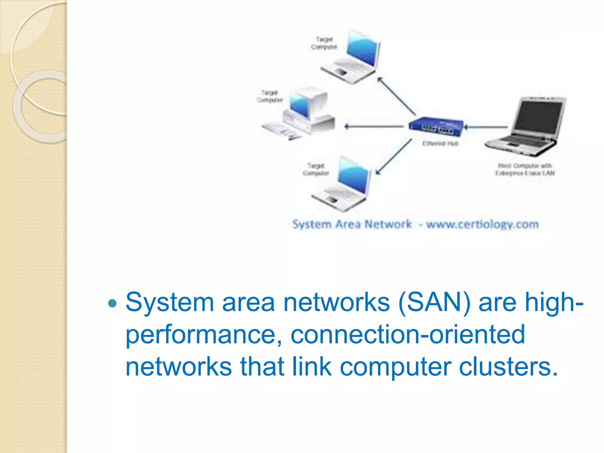  System area networks (SAN) are high-
performance, connection-oriented
networks that link computer clusters.
 