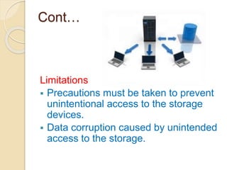 Cont…
Limitations
 Precautions must be taken to prevent
unintentional access to the storage
devices.
 Data corruption caused by unintended
access to the storage.
 