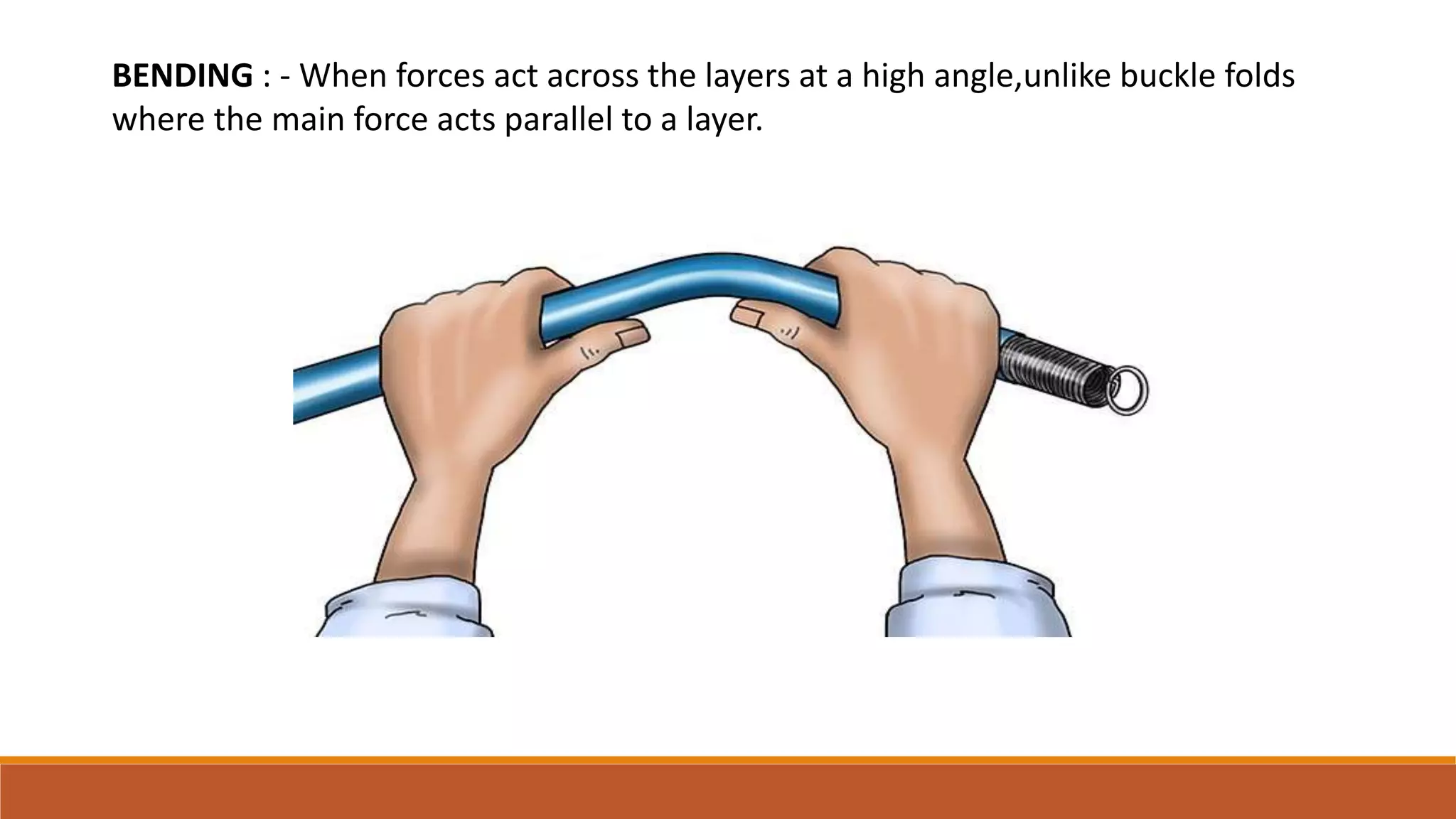 BENDING : - When forces act across the layers at a high angle,unlike buckle folds
where the main force acts parallel to a layer.
 