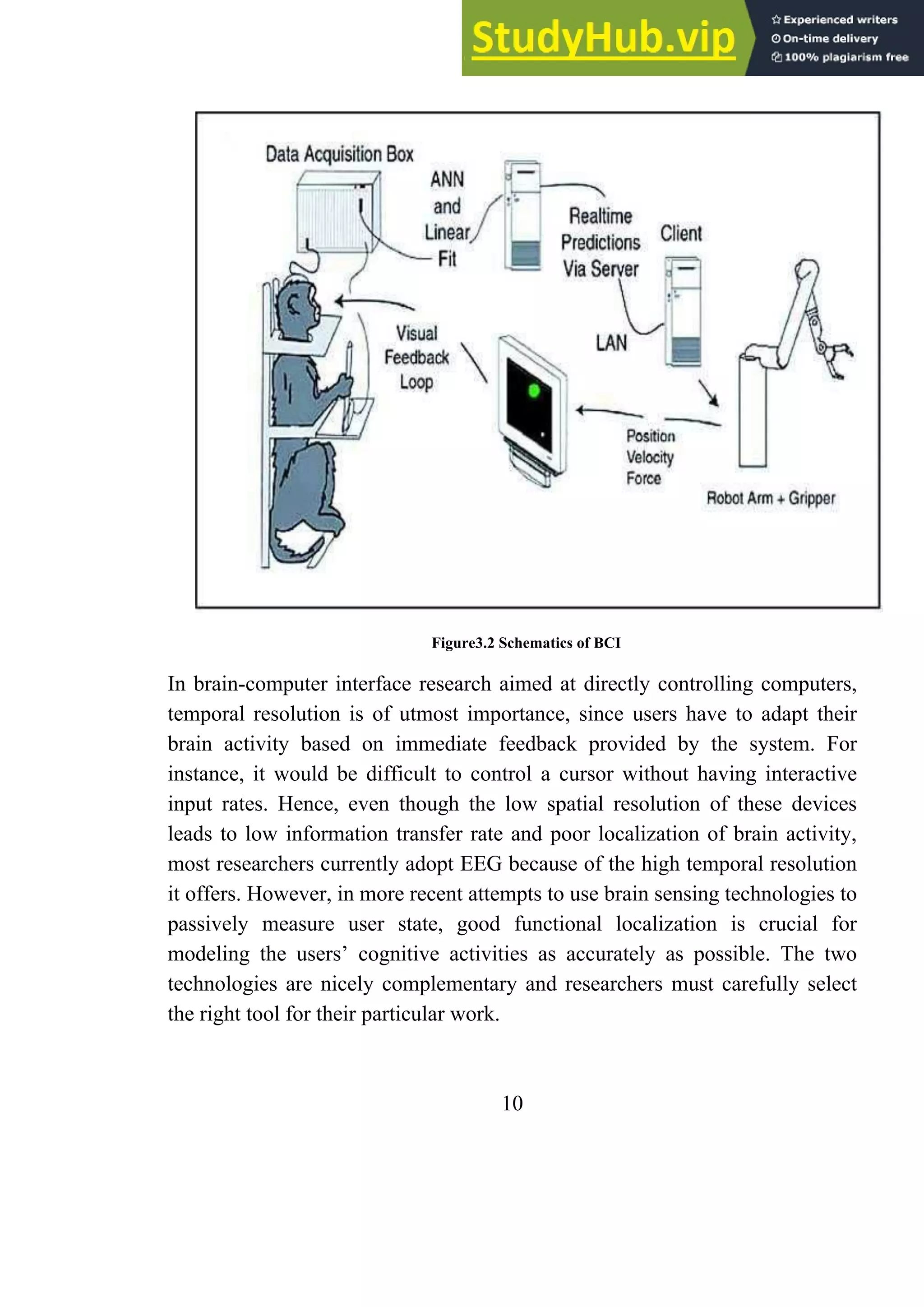 Figure3.2 Schematics of BCI
In brain-computer interface research aimed at directly controlling computers,
temporal resolution is of utmost importance, since users have to adapt their
brain activity based on immediate feedback provided by the system. For
instance, it would be difficult to control a cursor without having interactive
input rates. Hence, even though the low spatial resolution of these devices
leads to low information transfer rate and poor localization of brain activity,
most researchers currently adopt EEG because of the high temporal resolution
it offers. However, in more recent attempts to use brain sensing technologies to
passively measure user state, good functional localization is crucial for
modeling the users’ cognitive activities as accurately as possible. The two
technologies are nicely complementary and researchers must carefully select
the right tool for their particular work.
10
 