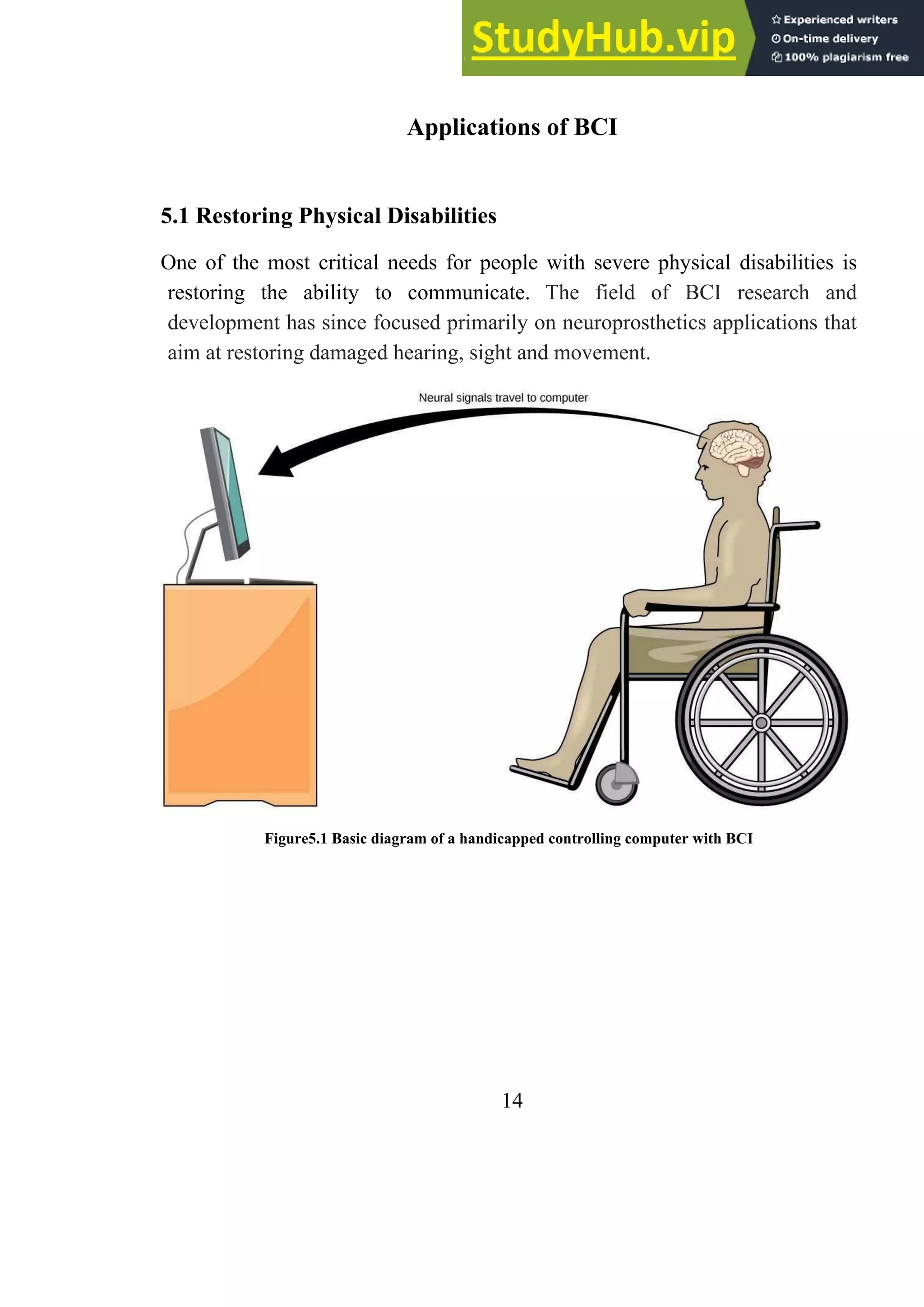 Applications of BCI
5.1 Restoring Physical Disabilities
One of the most critical needs for people with severe physical disabilities is
restoring the ability to communicate. The field of BCI research and
development has since focused primarily on neuroprosthetics applications that
aim at restoring damaged hearing, sight and movement.
Figure5.1 Basic diagram of a handicapped controlling computer with BCI
14
 