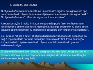 O OBJETO DO SIGNO

O objeto dinâmico também está no universo dos signos: se signo é um tipo
de emanação do objeto, também o objeto é uma emanação do signo final "
O objeto dinâmico só difere do signo por transcendê-lo”.

A representação é muito limitada: o signo não pode fazer conhecer nem
reconhecer o objeto: apenas o representa, diz algo sobre ele. O signo assim
indica o objeto dinâmico. O intérprete o descobre por "experiência colateral".

Ex.: A frase "O sol é azul". O objeto dinâmico [a variedade de acepções do
sol] é representado por uma descrição exaustiva do Sol. Essa descrição
torna possível o aparecimento do objeto imediato através do ground
instituinte do signo.

O objeto dinâmico é internalizado em graus, os três tipos de signos: ícone,
índice e símbolo, que correspondem a relações de similitude, modificação
efetiva e associação regulada.
 