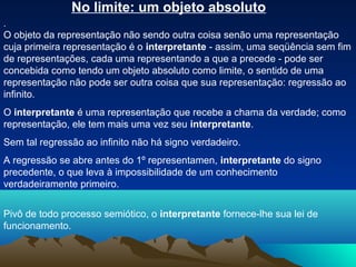 No limite: um objeto absoluto
.
O objeto da representação não sendo outra coisa senão uma representação
cuja primeira representação é o interpretante - assim, uma seqüência sem fim
de representações, cada uma representando a que a precede - pode ser
concebida como tendo um objeto absoluto como limite, o sentido de uma
representação não pode ser outra coisa que sua representação: regressão ao
infinito.
O interpretante é uma representação que recebe a chama da verdade; como
representação, ele tem mais uma vez seu interpretante.
Sem tal regressão ao infinito não há signo verdadeiro.
A regressão se abre antes do 1º representamen, interpretante do signo
precedente, o que leva à impossibilidade de um conhecimento
verdadeiramente primeiro.


Pivô de todo processo semiótico, o interpretante fornece-lhe sua lei de
funcionamento.
 
