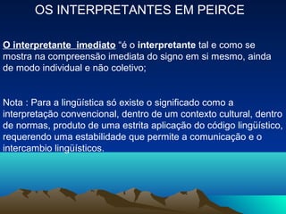 OS INTERPRETANTES EM PEIRCE

O interpretante imediato “é o interpretante tal e como se
mostra na compreensão imediata do signo em si mesmo, ainda
de modo individual e não coletivo;


Nota : Para a lingüística só existe o significado como a
interpretação convencional, dentro de um contexto cultural, dentro
de normas, produto de uma estrita aplicação do código lingüístico,
requerendo uma estabilidade que permite a comunicação e o
intercambio lingüísticos.
 