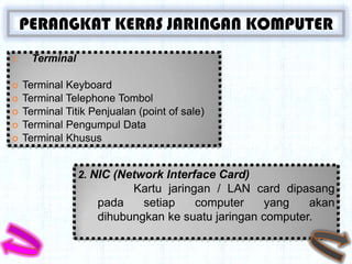 PERANGKAT KERAS JARINGAN KOMPUTER
1.     Terminal

    Terminal Keyboard
    Terminal Telephone Tombol
    Terminal Titik Penjualan (point of sale)
    Terminal Pengumpul Data
    Terminal Khusus


                  2. NIC (Network Interface Card)
                           Kartu jaringan / LAN card dipasang
                     pada    setiap    computer     yang   akan
                     dihubungkan ke suatu jaringan computer.
 