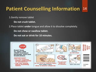 Patient Counselling Information
1.Gently remove tablet
Do not crush tablet.
2.Place tablet under tongue and allow it to dissolve completely.
Do not chew or swallow tablet.
Do not eat or drink for 10 minutes.
14
 