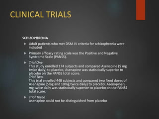 CLINICAL TRIALS
SCHIZOPHRENIA
 Adult patients who met DSM-IV criteria for schizophrenia were
included
 Primary efficacy rating scale was the Positive and Negative
Syndrome Scale (PANSS).
 Trial One
This study enrolled 174 subjects and compared Asenapine (5 mg
twice daily) to placebo, Asenapine was statistically superior to
placebo on the PANSS total score.
Trial Two
This trial enrolled 448 subjects and compared two fixed doses of
Asenapine (5mg and 10mg twice daily) to placebo. Asenapine 5
mg twice daily was statistically superior to placebo on the PANSS
total score.
 Trial Three
Asenapine could not be distinguished from placebo
 
