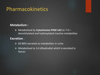 Pharmacokinetics
Metabolism :
 Metabolized by Cytochrome P450 1A2 to 7-O –
demethylated and hydroxylated inactive metabolites
Excretion :
 60-80% excreted as metabolites in urine
 Metabolised to 3,4 dihydrodiol which is excreted in
faeces
 