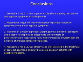 Conclusions
1. Asenapine 5 mg b.i.d. was superior to placebo in treating the positive
and negative symptoms of schizophrenia.

2. Ripseridone 3 mg b.i.d. was only superior to placebo in positive
symptoms score, not in negative symptoms.

3. Incidence of clinically significant weight gain was similar for asenapine
and placebo. Asenapine and placebo had similar effects on
prolactinelevation. Risperidone had a higher incidence of weight gain and
on levels of prolactincompared to placebo.

4. Asenapine 5 mg b.i.d. was effective and well tolerated in the treatment
of acute schizophrenia and may be a useful option in patients with
negative symptoms.
 