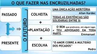 UMA ÚNICA AÇÃO MERITÓRIA
TODAS AS EXISTÊNCIAS SÃO
SOLIDÁRIAS ENTRE SI.
O BEM que praticares, em algum lugar,
é TEU ADVOGADO EM TODA
PARTE.
PASSADO
PRESENTE
COLHEITA
PLANTAÇÃO
ESCOLHA
⇒
+
+
“O AMOR COBRE A MULTIDÃO
DOS PECADOS”
Pedro
O
FUTURO
O QUE FAZER NAS ENCRUZILHADAS?
Emmanuel
Allan Kardec
 