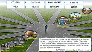 Imprevistos
Desencontros
Cobranças
Enfermidades
Fortalecimento
Retorno
PLANEJAMENTO ESCOLHA
+ + +
PLANTAÇÃO
COLHEITA
Qualquer alma tem o seu destino traçado sob o ponto de vista do
trabalho e do sofrimento, e, sem paradoxos, TEM DE COMBATER
COM O SEU PRÓPRIO DESTINO, porque o homem não nasceu para
ser vencido; todo Espírito labora para dominar a matéria e triunfar
dos seus impulsos inferiores.
Emmanuel – Emmanuel – Cap. 32 – O Homem e seu Destino
PONDERAR DECIDIR
+ + +
MEDITAR
ORAR
 