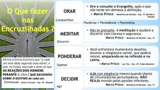 • Ore e consulte o Evangelho, após o que
não tarde em demasia a definição.
• Marco Prisco – Momentos de Decisão – Cap. 15: Decisão e
Atitude
ORAR
• Não se precipite. A meditação o ajudará a
discernir com clareza e segurança.
Marco Prisco – Momentos de Decisão – Cap. 15
MEDITAR
• Você enfrentará inumeráveis desafios,
durante a vilegiatura carnal, que poderá
vencer, amparando-se na reflexão e na
calma.
• Marco Prisco – Luz Viva – Cap. 27: O Mau Momento
PONDERAR
• AJA com elegância mesmo quando diante
de circunstâncias perturbadoras. NÃO
REAJA movido pelas paixões inferiores.
Marco Prisco – Momentos de Decisão – Cap. 15
DECIDIR
Compartilhar
Discernir
Sopesar
Agir
Afirma a Divina Escritura que “a cada
um será dado segundo suas obras”, o
que, no fundo, equivale a dizer-se que
AS REAÇÕES DOS HOMENS
PERANTE A VIDA É QUE DECIDIRÃO
SOBRE O DESTINO de cada um.
Emmanuel – Alma e Coração – Cap. 38 – Reações
Paciência + Persistência + Parcimônia
 