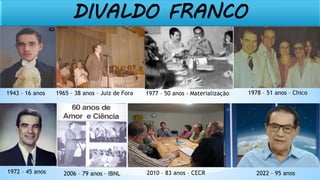 DIVALDO FRANCO
1943 – 16 anos 1965 – 38 anos – Juiz de Fora 1977 – 50 anos - Materialização
1972 – 45 anos 2006 – 79 anos – IBNL 2010 – 83 anos – CECR 2022 – 95 anos
1978 – 51 anos – Chico
 
