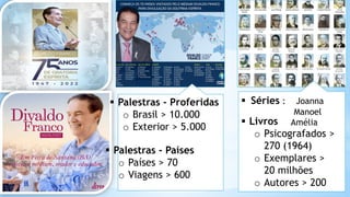  Palestras - Proferidas
o Brasil > 10.000
o Exterior > 5.000
 Palestras - Países
o Países > 70
o Viagens > 600
 Livros
o Psicografados >
270 (1964)
o Exemplares >
20 milhões
o Autores > 200
 Séries : Joanna
Manoel
Amélia
 
