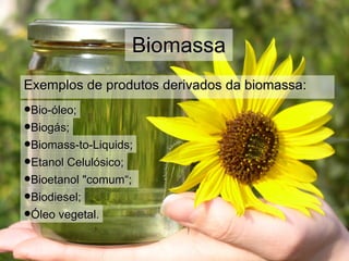Exemplos de produtos derivados da biomassa: Biomassa Bio-óleo ; Biogás ; Biomass-to-Liquids; Etanol Celulósico ; Bioetanol "comum“ ;   Biodiesel ; Óleo vegetal . 