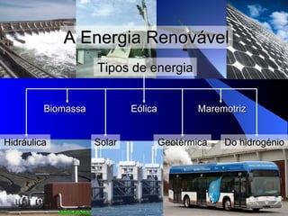 A Energia Renovável Tipos de energia Hidráulica Biomassa Solar Eólica Geotérmica Maremotriz Do hidrogénio 