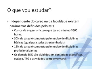 O que vou estudar?
• Independente do curso ou da faculdade existem
parâmetros definidos pelo MEC
• Cursos de engenharia tem que ter no mínimo 3600
horas.
• 30% da carga é composta pelo núcleo de disciplinas
básicas (igual para todas as engenharias)
• 15% da carga é composta pelo núcleo de disciplinas
profissionalizantes
• Os demais 55% são divididos em conteúdos específicos,
estágio, TFG e atividades complementares.
 