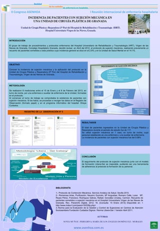 INCIDENCIA DE PACIENTES CON SUJECIÓN MECÁNICA EN
UNA UNIDAD DE CIRUGÍA PLÁSTICA DE GRANADA
Unidad de Cirugía Plástica y Reparadora (5ª Par) del Hospital de Rehabilitación y Traumatología (HRT).
Hospital Universitario Virgen de las Nieves, Granada.

INTRODUCCIÓN
El grupo de trabajo de procedimientos y protocolos enfermeros del Hospital Universitario de Rehabilitación y Traumatología (HRT), Virgen de las
Nieves de Granada, Complejo Hospitalario Granada, decidió revisar, en Abril del 2012, el protocolo de sujeción mecánica, realizando previamente un
recuento de pacientes sometidos a esta práctica cuya incidencia general se situó en el 2.5% y en la Unidad de Salud Mental en el 14.1%.

OBJETIVO
Conocer la incidencia de sujeción mecánica y la aplicación del protocolo en la
Unidad de Cirugía Plástica y Reparadora (5ª Par) del Hospital de Rehabilitación y
Traumatología, Virgen de las Nieves de Granada.

METODOLOGÍA
Se realizaron 8 mediciones entre el 15 de Enero y el 8 de Febrero del 2013, en
turno de noche, por una enfermera o auxiliar de enfermería de la Unidad, formadas
en el protocolo.
Al comenzar el turno de trabajo se comprobaba la existencia de pacientes con
sujeción mecánica. Si los había, se procedían a recoger los datos en el Registro de
Observación (formato papel) y en el programa informático del hospital: Diraya
Cuidados.
REGISTRO DE LA OBSERVACIÓN Nº 5

RESULTADOS
El total de pacientes ingresados en la Unidad de Cirugía Plástica y
Reparadora durante el periodo de estudio fue de 117.
Se utilizó sujeción mecánica en 1 caso, en turno de noche, cuyo
personal establecido es una enfermera y una auxiliar de enfermería.
La incidencia de pacientes con sujeción mecánica fue del 0.08%

Metodología “Libera – Ger Iceberg”
No
Sujeciones
Control
de
Sujeciones

Dirección
por Valores
Gestión
basada en
las
Personas

CONCLUSIÓN
Gestión de
la
Innovación

Cambio Cultural
“NO SUJECIONES”

Protocolo de Caídas
Libera-Ger

PARÁMETROS DE CUYA COMBINACIÓN SURGE EL
PROTOCOLO INDIVIDUALIZADO PARA CADA CENTRO:
• Tipo de Anciano/a
• Factores Intrínsecos y Factores Extrínsecos
• Tipo de Caída
• Momento del día de Riesgo
• Intervenciones Preventivas

Motivación Personas
(Liderazgo + Gestión
por Valores)

El seguimiento del protocolo de sujeción mecánica junto con el modelo
de formación Libera-Ger es mejorable, pudiendo ser una herramienta
de adherencia al protocolo la formación de su personal.

Concienciación +
Colaboración de
familias y residentes

Gestión de la Calidad

Modelo Vida y Persona
Modelo de Excelencia

Gestión POR Procesos

Gestión Ética

Sistema de Desarrollo de Calidad de Vida

RSE

BIBLIOGRAFÍA
1.- Protocolo de Contención Mecánica. Servicio Andaluz de Salud. Sevilla 2010.
2.- Romerosa Arias, Purificación; Navarro Guzmán, Mª Angustias; Romero Calle, Luisa Mª;
Reyes Pérez, Francisco; Rodríguez Gálvez, Rafael; González Urcelay, Carmen. Recuento de
pacientes sometidos a sujeción mecánica en el Hospital Universitario Virgen de las Nieves de
Granada. Rev. Paraninfo Digital, 2012; 16. [Consulta: 15 Enero 2013] Disponible en: <
http://www.index-f.com/para/n16/026p.php>
3.-Norma para la Evaluación de la Gestión y Control de Sujeciones en Centros de Atención
Sociosanitaria Fundación Cuidados Dignos / Norma Libera-Ger / Versión Abril 2011.
AUTORAS:
SONIA MUÑOZ - PEREGRINA; MARÍA DE LOS ÁNGELES DOMÍNGUEZ - MORALES

 