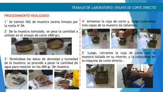 TRABAJO DE LABORATORIO: ENSAYO DE CORTE DIRECTO
PROCEDIMIENTO REALIZADO:
1° Se tamizó 1KG de muestra (arena limosa) por
la malla N°04.
2° De la muestra tamizada, se pesa la cantidad a
utilizar en el ensayo de corte (400 gr).
3° Teniéndose los datos de densidad y humedad
de la muestra; se procede a pesar la cantidad de
agua para mezclar en los 400 gr. De muestra.
4° Armamos la caja de corte y, luego colocamos
tres capas de la muestra (la tallamos).
5° Luego, cerramos la caja de corte con la
muestra tallada en su interior, y la colocamos en
la máquina de corte directo .
 