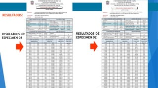 ENSAYO
MUESTRA : DEL DIST. CIUDAD NUEVA
FECHA : MAYO DEL 2019
Diametro (cm.) 6.00 Sobre carga (gr.) 503.50
Altura (cm.) 2.00 Peso de Muestra (gr.) 109.66
Densidad Natural (gr/cm3
) 1.52 Carga Adicionada (kg.) 18.00
Area (cm2
) 36.00 Relación de Carga 0.50
Volumen (cm3
) 72.00 Carga Normal Total (kg.) 18.00
Peso (gr.) 109.66 Velocidad de Carga (mm/min) 0.138
Densidad Seca (gr/cm3
) 1.42 Esfuerzo Normal (kg/cm
2
) 0.500
P. Suelo Humedo + Tara (gr.) 240.30 Natural
P. Suelo Seco + Taca (gr.) 227.60 Compactado X
P. de Tara (gr.) 45.30 Humedad Natural 7.13%
Contenido de Humedad 6.97% Clacificación (SUCS) SC
DIAL DIAL mm
0.00 0.00 0.0000 0.00
5.00 0.00 0.0000 0.06
10.00 0.00 0.0000 0.10
15.00 0.00 0.0000 0.14
20.00 0.00 0.0000 0.18
30.00 0.00 0.0000 0.21
40.00 0.00 0.0000 0.24
50.00 0.00 0.0000 0.28
65.00 0.00 0.0000 0.34
80.00 0.00 0.0000 0.38
100.00 0.00 0.0000 0.40
120.00 0.00 0.0000 0.41
140.00 0.00 0.0000 0.44
160.00 0.00 0.0000 0.46
180.00 0.00 0.0000 0.48
200.00 0.00 0.0000 0.50
220.00 0.00 0.0000 0.50
240.00 0.00 0.0000 0.51
260.00 0.00 0.0000 0.52
280.00 0.00 0.0000 0.51
300.00 0.00 0.0000 0.50
320.00 0.00 0.0000 0.50
340.00 0.00 0.0000 0.49
360.00 0.00 0.0000 0.49
380.00 0.00 0.0000 0.48
400.00 0.00 0.0000 0.47
420.00 0.00 0.0000 0.47
440.00 0.00 0.0000 0.46
460.00 0.00 0.0000 0.46
480.00 0.00 0.0000 0.45
500.00 0.00 0.0000 0.44
0.20
0.30
0.40
0.15
ESFUERZO
CORTANTE
(kg/cm2
)
DESPLAZAMIENTO
HORIZONTAL
FUERZA
CORTANTE
(N)
0.000.00
0.05 20.20
35.600.10
0.50
0.65
3.20
1.00
1.20
1.40
1.60
1.80
2.00
2.20
2.40
2.60
2.80
3.00
0.80
4.60
4.80
5.00
51.20
62.60
76.70
87.50
100.80
123.80
141.00
3.40
3.60
3.80
4.00
4.20
4.40
209.30
149.20
155.80
167.00
175.00
186.70
194.50
197.60
206.40
209.30
209.30
209.30
209.30
209.30
209.30
209.30
209.30
209.30
209.30
209.30
209.30
DEFORMACION
VERTICAL
mm
UNIVERSIDAD PRIVADA DE TACNA
FACULTAD DE INGENIERIA
ESCUELA PROFESIONAL DE INGENIERIA CIVIL
LABORATORIO DE MECÁNICA DE SUELOS
(ASTM - D3080)
CARACTERISTICAS DE LA MUESTRA DATOS DE CORTE
CONTENIDO DE HUMEDAD FINAL TIPO DE MUESTRA
: ANALISIS COMPARATIVO DE RESULTADOS DE LA RESISTENCIA AL
ESFUERZO CORTANTE EN EL EQUIPO DE CORTE DIRECTO.
ENSAYO DE CORTE DIRECTO
“VERITAS ET VITA”
ENSAYO
MUESTRA : DEL DIST. CIUDAD NUEVA
FECHA : MAYO DEL 2019
Diametro (cm.) 6.00 Sobre carga (gr.) 503.50
Altura (cm.) 2.00 Peso de Muestra (gr.) 109.66
Densidad Natural (gr/cm3
) 1.52 Carga Adicionada (kg.) 36.00
Area (cm2
) 36.00 Relación de Carga 1.00
Volumen (cm3
) 72.00 Carga Normal Total (kg.) 36.00
Peso (gr.) 109.66 Velocidad de Carga (mm/min) 0.138
Densidad Seca (gr/cm3
) 1.43 Esfuerzo Normal (kg/cm
2
) 1.000
P. Suelo Humedo + Tara (gr.) 143.50 Natural
P. Suelo Seco + Taca (gr.) 136.80 Compactado X
P. de Tara (gr.) 37.70 Humedad Natural 7.13%
Contenido de Humedad 6.76% Clacificación (SUCS) SC
DIAL DIAL mm
0.00 0.00 0.0000 0.00
5.00 0.00 0.0000 0.10
10.00 0.00 0.0000 0.12
15.00 0.00 0.0000 0.14
20.00 0.00 0.0000 0.17
30.00 0.00 0.0000 0.21
40.00 0.00 0.0000 0.24
50.00 0.00 0.0000 0.30
65.00 0.00 0.0000 0.35
80.00 0.00 0.0000 0.40
100.00 0.00 0.0000 0.43
120.00 0.00 0.0000 0.46
140.00 0.00 0.0000 0.50
160.00 0.00 0.0000 0.50
180.00 0.00 0.0000 0.47
200.00 0.00 0.0000 0.41
220.00 0.00 0.0000 0.38
240.00 0.00 0.0000 0.37
260.00 0.00 0.0000 0.37
280.00 0.00 0.0000 0.36
300.00 0.00 0.0000 0.36
320.00 0.00 0.0000 0.36
340.00 0.00 0.0000 0.35
360.00 0.00 0.0000 0.35
380.00 0.00 0.0000 0.34
400.00 0.00 0.0000 0.34
420.00 0.00 0.0000 0.33
440.00 0.00 0.0000 0.33
460.00 0.00 0.0000 0.33
480.00 0.00 0.0000 0.32
500.00 0.00 0.0000 0.32
UNIVERSIDAD PRIVADA DE TACNA
FACULTAD DE INGENIERIA
ESCUELA PROFESIONAL DE INGENIERIA CIVIL
LABORATORIO DE MECÁNICA DE SUELOS
(ASTM - D3080)
: ANALISIS COMPARATIVO DE RESULTADOS DE LA RESISTENCIA AL
ESFUERZO CORTANTE EN EL EQUIPO DE CORTE DIRECTO.
0.00 0.00
CARACTERISTICAS DE LA MUESTRA DATOS DE CORTE
CONTENIDO DE HUMEDAD TIPO DE MUESTRA
DESPLAZAMIENTO
HORIZONTAL
DEFORMACION
VERTICAL
FUERZA
CORTANTE
(N)
ESFUERZO
CORTANTE
(kg/cm2
)mm
0.05 35.50
0.10 44.20
0.15 51.10
0.20 59.80
0.30 75.50
0.40 87.60
0.50 108.90
0.65 129.30
0.80 147.30
1.00 159.50
1.20 174.70
1.40 188.10
1.60 191.20
1.80 181.60
2.00 162.20
2.20 152.10
2.40 149.40
2.60 149.40
2.80 149.40
3.00 149.40
3.20 149.40
3.40 149.40
3.60 149.40
3.80 149.40
4.00 149.40
4.20 149.40
4.40 149.40
4.60 149.40
4.80 149.40
5.00 149.40
ENSAYO DE CORTE DIRECTO
“VERITAS ET VITA”
RESULTADOS:
RESULTADOS DE
ESPECIMEN 01
RESULTADOS DE
ESPECIMEN 02
 