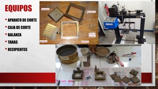 EQUIPOS
•APARATO DE CORTE
•CAJA DE CORTE
•BALANZA
•TARAS
•RECIPIENTES
 
