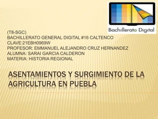 ASENTAMIENTOS Y SURGIMIENTO DE LA
AGRICULTURA EN PUEBLA
(T8-SGC)
BACHILLERATO GENERAL DIGITAL #16 CALTENCO
CLAVE:21EBH0969W
PROFESOR: EMMANUEL ALEJANDRO CRUZ HERNANDEZ
ALUMNA: SARAI GARCIA CALDERON
MATERIA: HISTORIA REGIONAL
 
