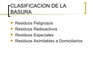 CLASIFICACION DE LA BASURA  Residuos Peligrosos Residuos Radioactivos Residuos Especiales Residuos Asimilables a Domiciliarios  