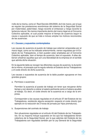 rrollo de la misma, como el Real Decreto 295/2009, de 6 de marzo, por el que
se regulan las prestaciones económicas del sistema de la Seguridad Social
por maternidad, paternidad, riesgo durante el embarazo y riesgo durante la
lactancia natural. No menos importante dentro del marco legal es el Convenio
Colectivo aplicable, el cual puede mejorar el tiempo de ausencia según la
causa o supuesto de que se trate e incluso ampliar los motivos reconocidos
de las ausencias.
4.1. Causas y supuestos contemplados
Las causas de ausencia al puesto de trabajo que estarían amparadas por el
marco legal, como se ha indicado anteriormente, vienen reguladas por el Es-
tatuto de los Trabajadores, si bien pueden estar ampliadas por el Convenio
Colectivo aplicable, bien el tiempo de ausencia, bien el supuesto. A ellas de-
berían añadirse aquellas que son una liberalidad de la empresa en el sentido
que admita dicha situación.
En la siguiente tabla se recogen las diferentes causas de ausencia, la duración
de la misma, el precepto que la regula referido al Estatuto de los Trabajadores
y el coste directo de dicha ausencia.
Las causas o supuestos de ausencia de la tabla pueden agruparse en tres
grandes grupos:
a. Permisos o ausencias
Permiten la ausencia al puesto de trabajo sin tener que recuperar dicho
tiempo y con derecho a cobrar el salario pertinente como si hubiera acudido
al trabajo. Es decir, el coste directo de la ausencia es a cargo de la em-
presa.
Corresponden a las causas reguladas en el artículo 37 del Estatuto de los
Trabajadores, existiendo alguna excepción respecto el coste directo (por
ejemplo en la reducción de 2 horas de jornada por hijos prematuros).
b. Suspensiones del contrato de trabajo
Son situaciones reguladas en el artículo 45 del Estatuto de los Trabajado-
res. En su mayoría incluye supuestos en los que los trabajadores tienen
cobertura de la Seguridad Social, por lo que además del Estatuto de los
Trabajadores son reguladas también por la Ley General de la Seguridad
24
 