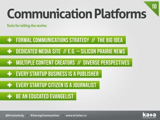 10
Communication Platforms
Tools for telling the stories



✚ formal communications strategy // The Big Idea
✚ Dedicated m...