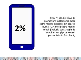 Doar ~15% din banii de
         promovare în România merg
     către mediul digital și din aceștia

2%     numai ~2% merg către mediul
        mobil (inclusiv construcția de
           mobile sites și promovare)
            (sursa: Media Fact Book)
 
