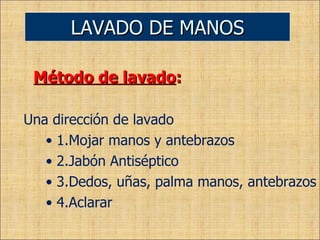 Método de lavado : Una dirección de lavado •  1.Mojar manos y antebrazos •  2.Jabón Antiséptico •  3.Dedos, uñas, palma manos, antebrazos •  4.Aclarar LAVADO DE MANOS 