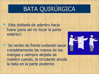 Esta doblada de adentro hacia fuera (para así no tocar la parte exterior)  Se recibe de frente evitando sacar completamente las manos de las mangas y siempre alejada de nuestro cuerpo, la circulante anuda la bata en la parte posterior. BATA QUIRÚRGICA 