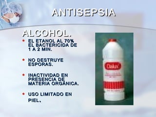 ANTISEPSIA

ALCOHOL.
EL ETANOL AL 70%
EL BACTERICIDA DE
1 A 2 MIN.

NO DESTRUYE
ESPORAS.

INACTIVIDAD EN
PRESENCIA DE
MATERIA ORGÁNICA.

USO LIMITADO EN
   .
PIEL
 