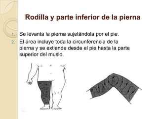 Rodilla y parte inferior de la pierna
1. Se levanta la pierna sujetándola por el pie.
2. El área incluye toda la circunferencia de la
pierna y se extiende desde el pie hasta la parte
superior del muslo.
 