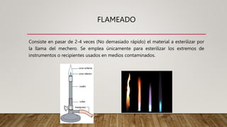 FLAMEADO
Consiste en pasar de 2-4 veces (No demasiado rápido) el material a esterilizar por
la llama del mechero. Se emple...