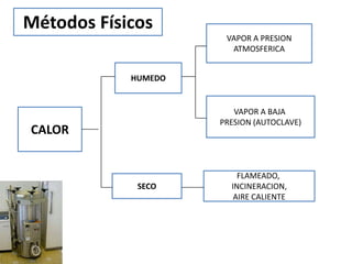 Métodos Físicos
                      VAPOR A PRESION
                       ATMOSFERICA


            HUMEDO


                        VAPOR A BAJA
                     PRESION (AUTOCLAVE)
CALOR


                         FLAMEADO,
             SECO      INCINERACION,
                        AIRE CALIENTE
 