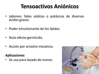 Tensoactivos Aniónicos
• Jabones: Sales sódicas o potásicas de diversos
  ácidos grasos

• Poder emulsionante de los lípidos

• Nulo efecto germicida.

• Acción por arrastre mecánico

Aplicaciones
• Se usa para lavado de manos
 