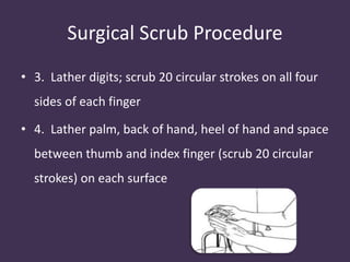 Surgical Scrub Procedure 
• 3. Lather digits; scrub 20 circular strokes on all four 
sides of each finger 
• 4. Lather palm, back of hand, heel of hand and space 
between thumb and index finger (scrub 20 circular 
strokes) on each surface 
 