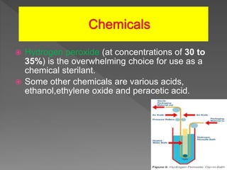  Hydrogen peroxide (at concentrations of 30 to
35%) is the overwhelming choice for use as a
chemical sterilant.
 Some other chemicals are various acids,
ethanol,ethylene oxide and peracetic acid.
 