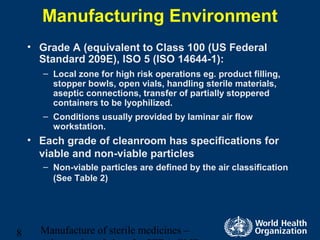 Manufacture of sterile medicines –8
Manufacturing Environment
• Grade A (equivalent to Class 100 (US Federal
Standard 209E), ISO 5 (ISO 14644-1):
– Local zone for high risk operations eg. product filling,
stopper bowls, open vials, handling sterile materials,
aseptic connections, transfer of partially stoppered
containers to be lyophilized.
– Conditions usually provided by laminar air flow
workstation.
• Each grade of cleanroom has specifications for
viable and non-viable particles
– Non-viable particles are defined by the air classification
(See Table 2)
 
