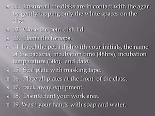  11. Ensure all the disks are in contact with the agar
by gently tapping only the white spaces on the
disc.
 12. Close the petri dish lid.
 13. Flame the forceps.
 14 Label the petri dish with your initials, the name
of the bacteria, incubation time (48hrs), incubation
temperature (30o), and date.
 15. Seal plate with masking tape.
 16. Place all plates at the front of the class.
 17. pack away equipment.
 18. Disinfectant your work area.
 19. Wash your hands with soap and water.
 